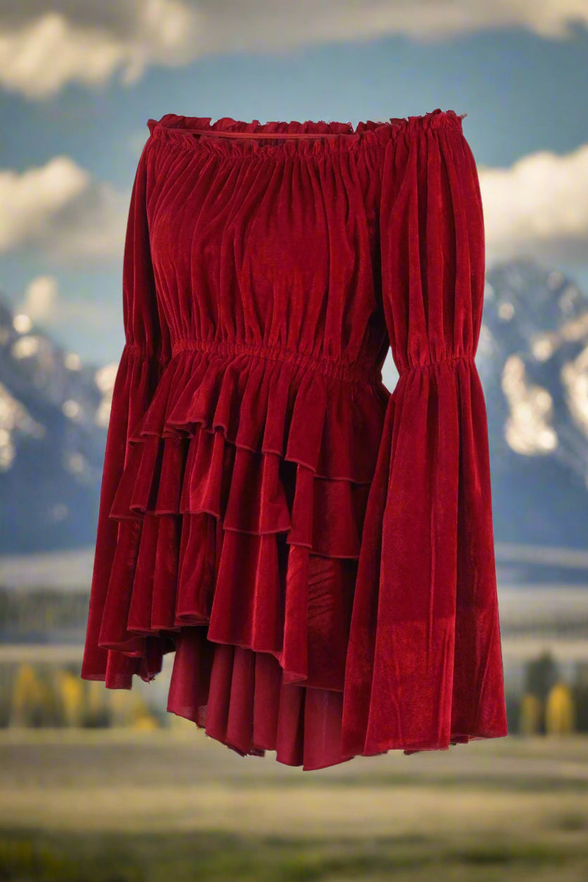 Dark Red Velvet Ruffle Dress