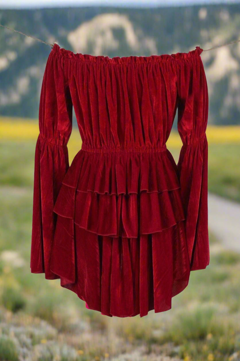 Dark Red Velvet Ruffle Dress