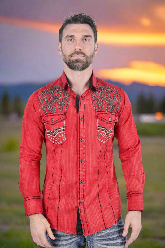 Mens Vintage Washed 2 Tone Embroidery Modern Fit Stretch Shirt