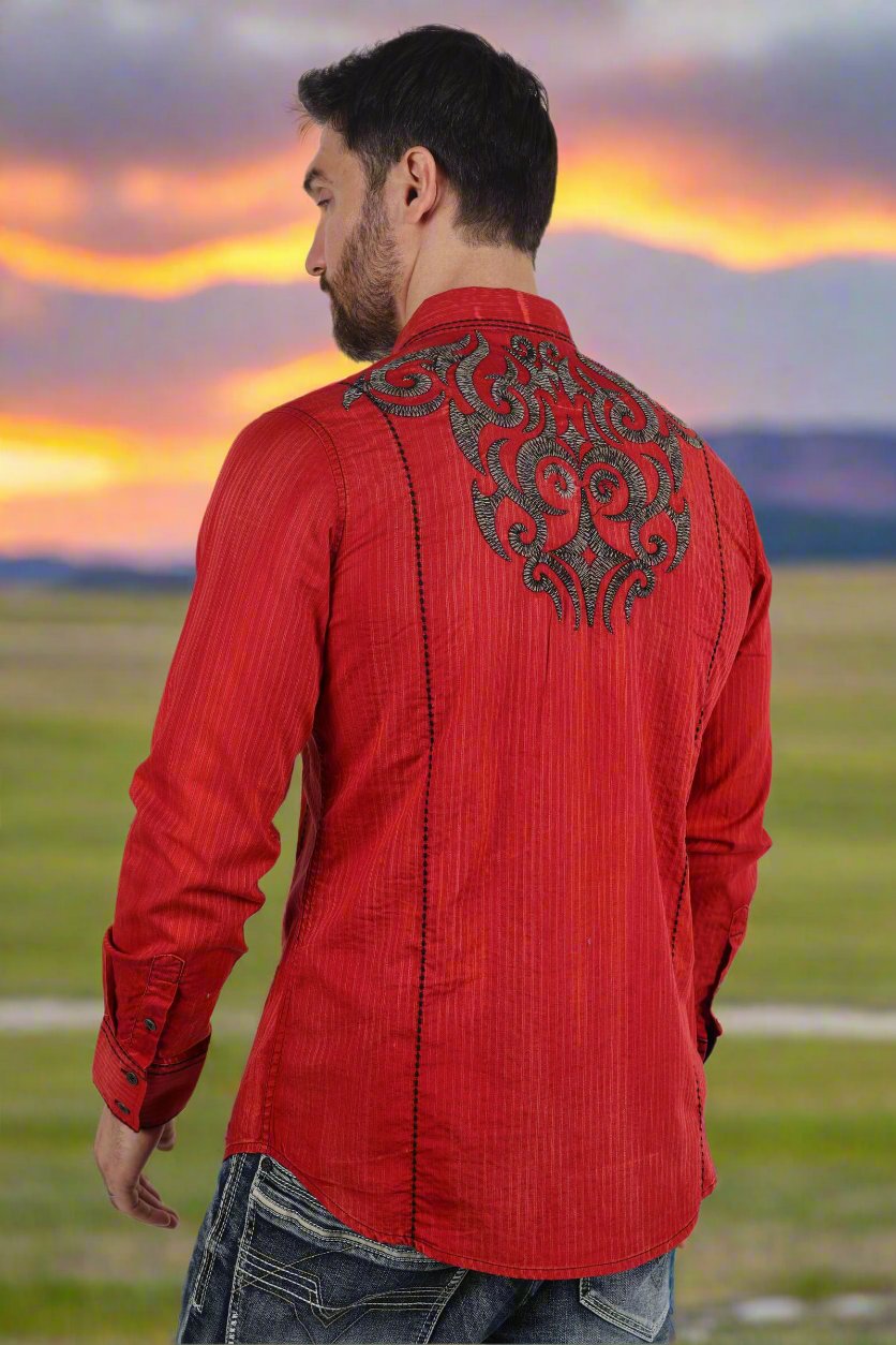Mens Vintage Washed 2 Tone Embroidery Modern Fit Stretch Shirt