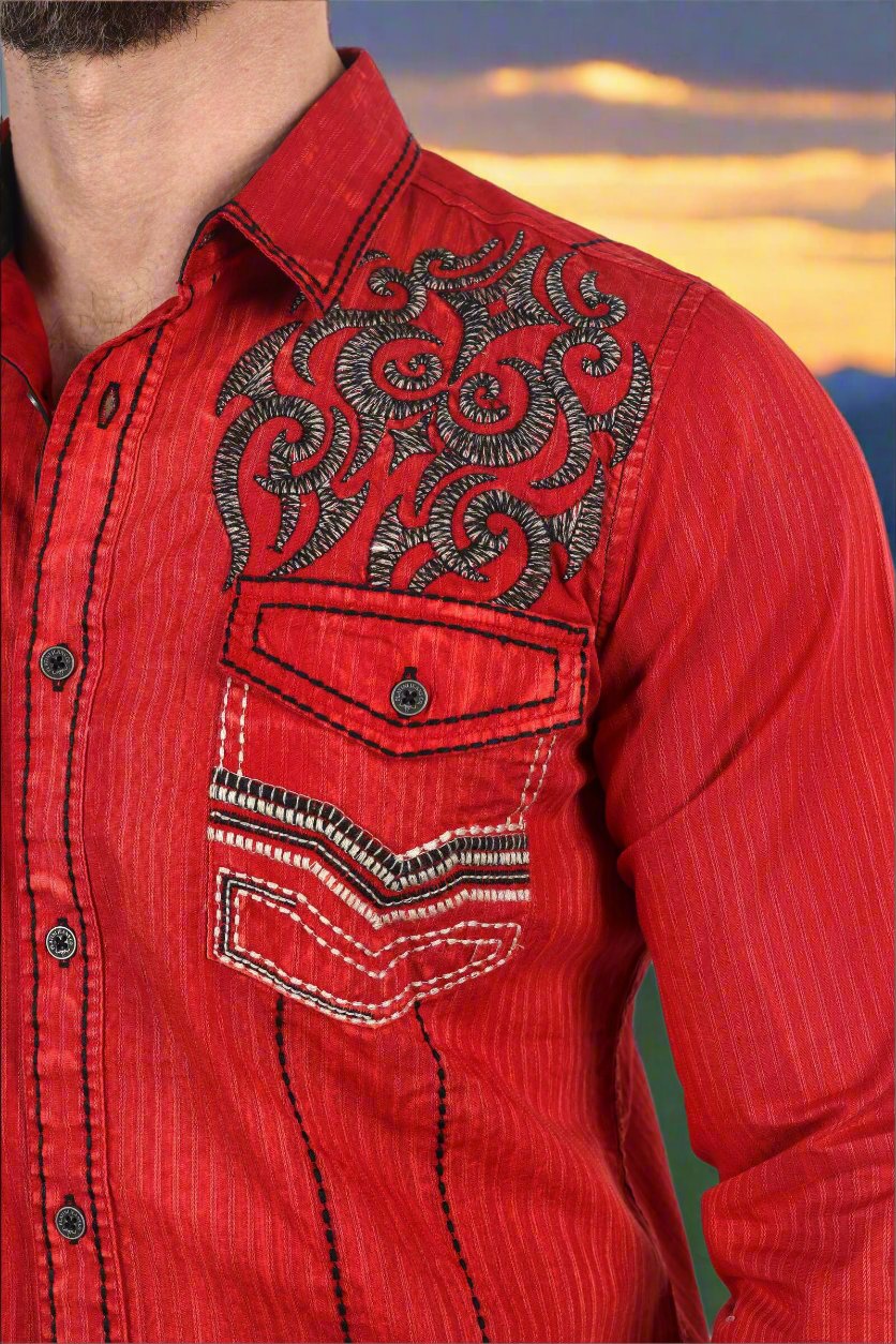Mens Vintage Washed 2 Tone Embroidery Modern Fit Stretch Shirt