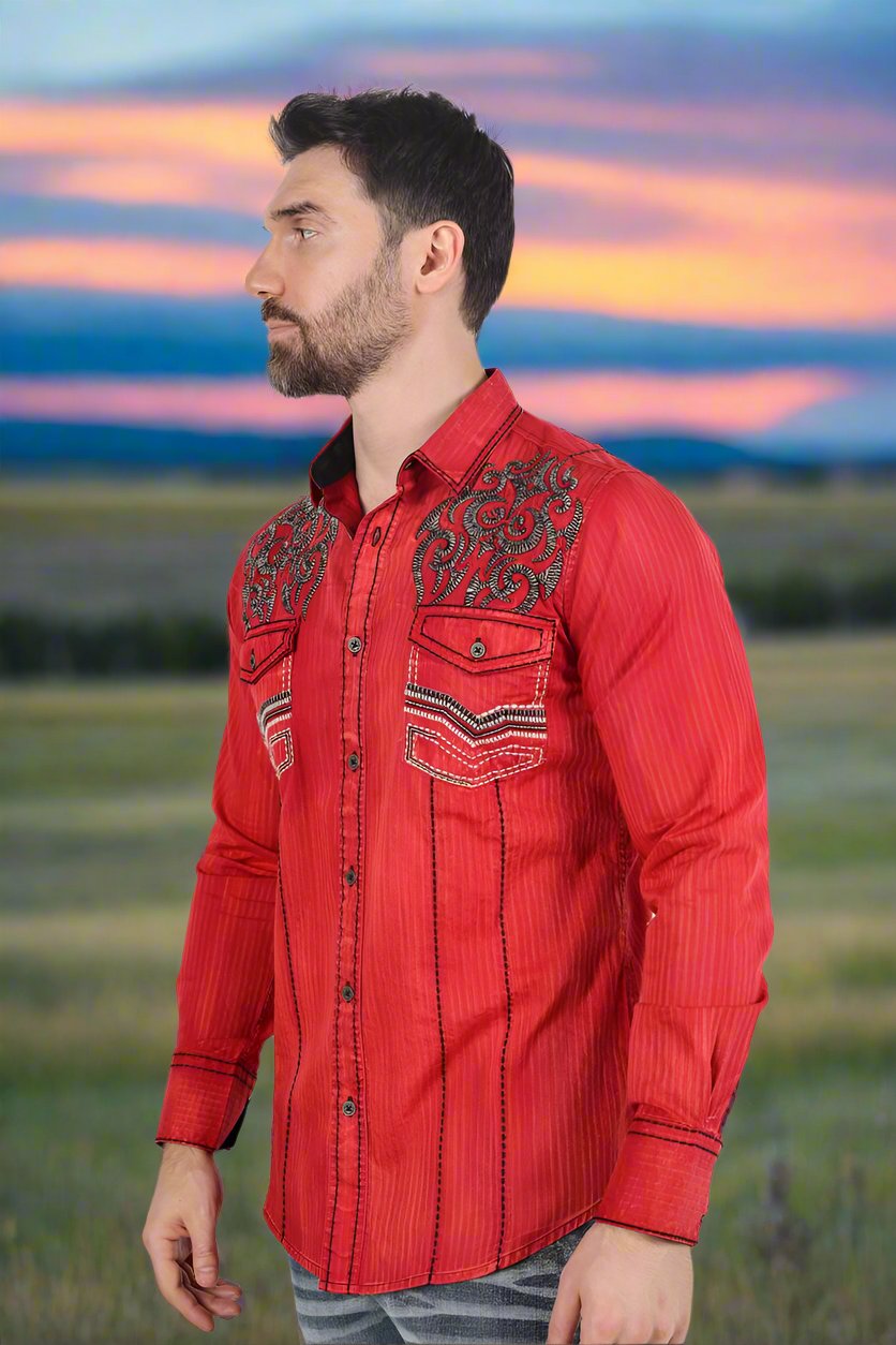 Mens Vintage Washed 2 Tone Embroidery Modern Fit Stretch Shirt