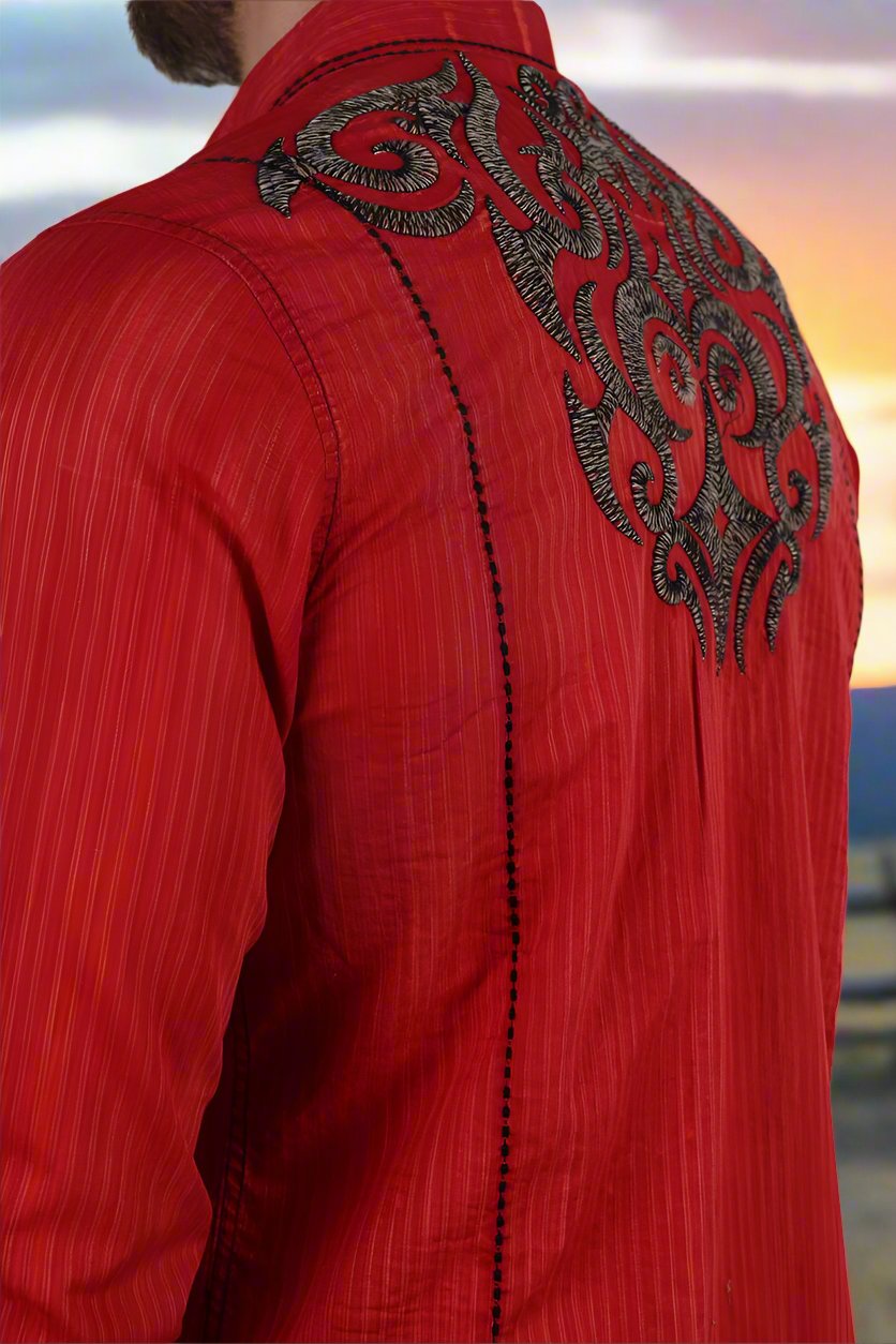 Mens Vintage Washed 2 Tone Embroidery Modern Fit Stretch Shirt