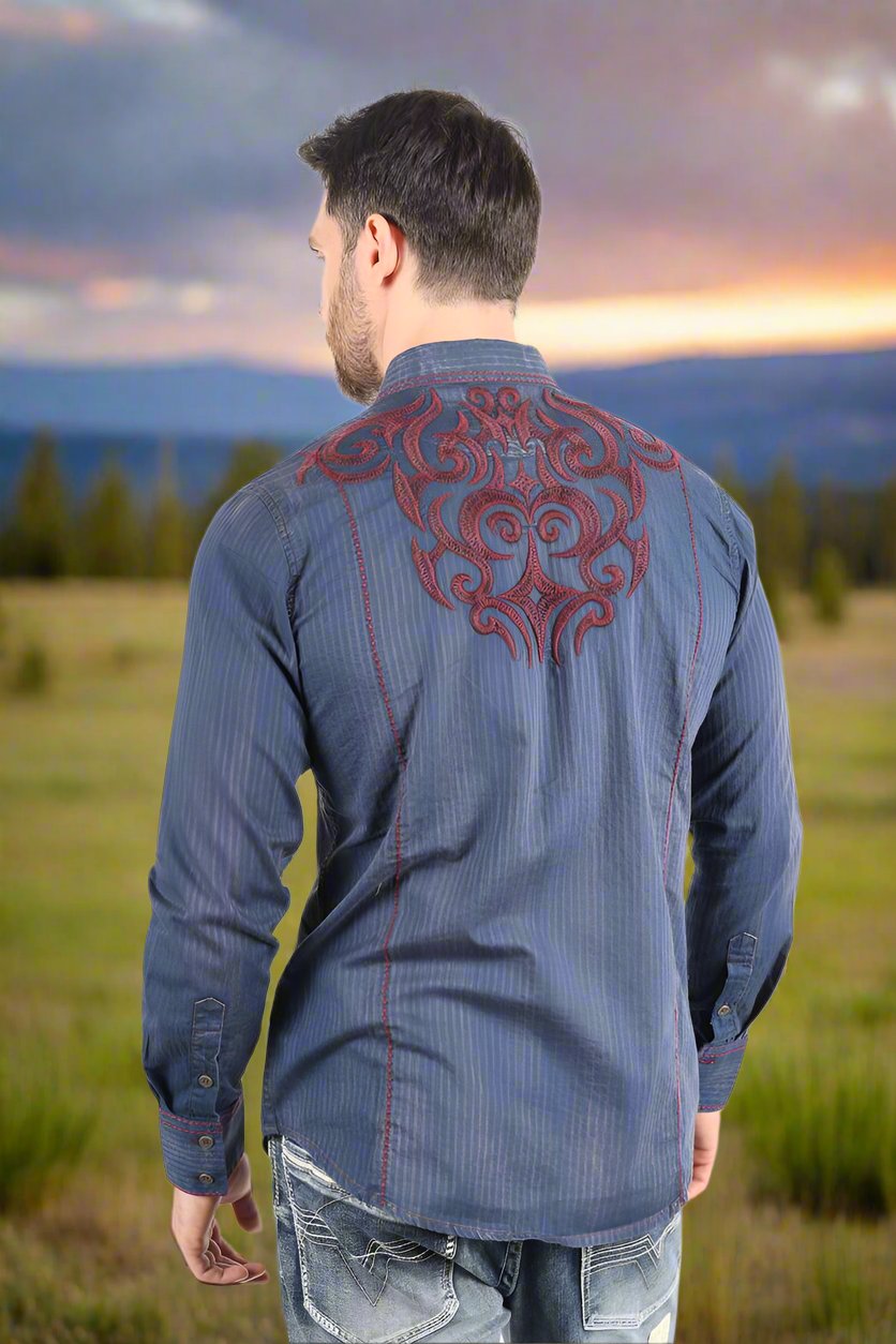 Mens Vintage Washed 2 Tone Embroidery Modern Fit Stretch Shirt