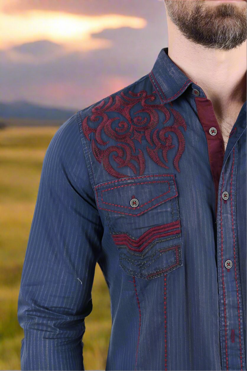 Mens Vintage Washed 2 Tone Embroidery Modern Fit Stretch Shirt
