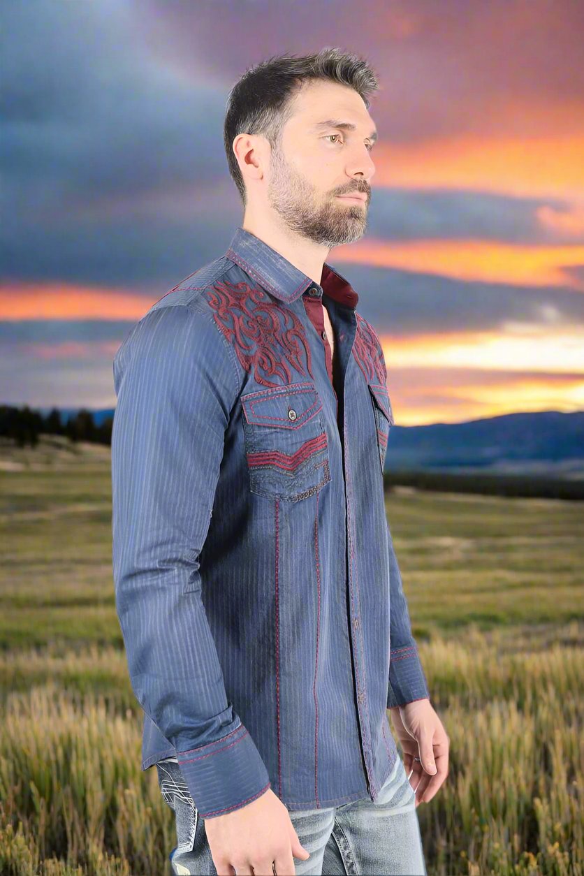 Mens Vintage Washed 2 Tone Embroidery Modern Fit Stretch Shirt