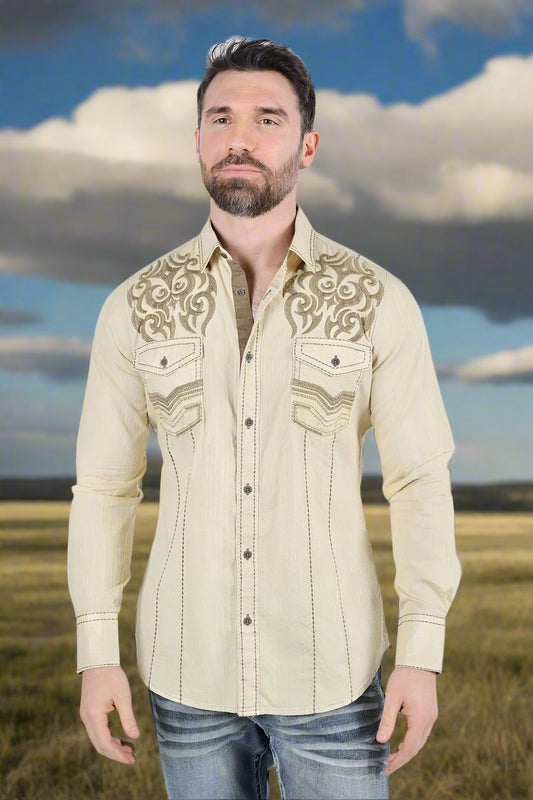 Mens Vintage Washed 2 Tone Embroidery Modern Fit Stretch Shirt