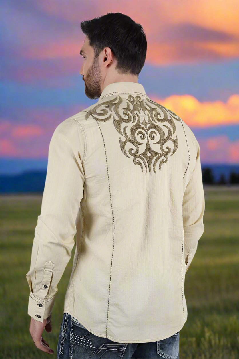 Mens Vintage Washed 2 Tone Embroidery Modern Fit Stretch Shirt