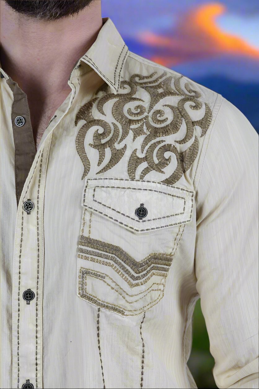 Mens Vintage Washed 2 Tone Embroidery Modern Fit Stretch Shirt