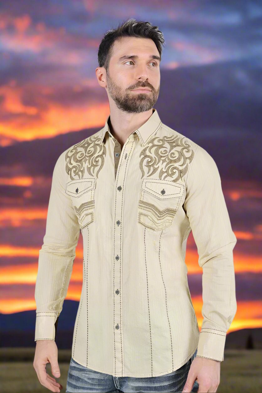 Mens Vintage Washed 2 Tone Embroidery Modern Fit Stretch Shirt