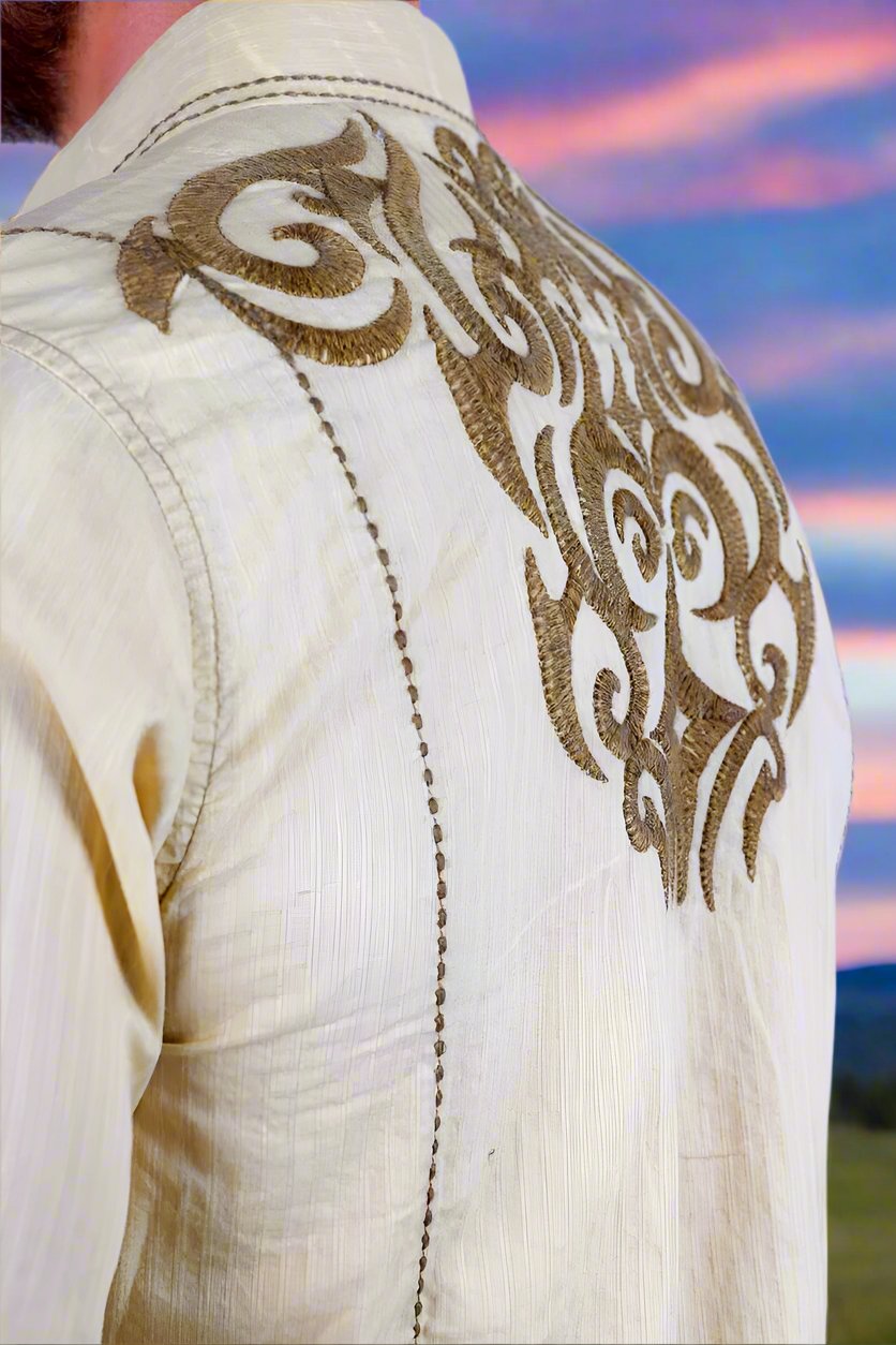 Mens Vintage Washed 2 Tone Embroidery Modern Fit Stretch Shirt