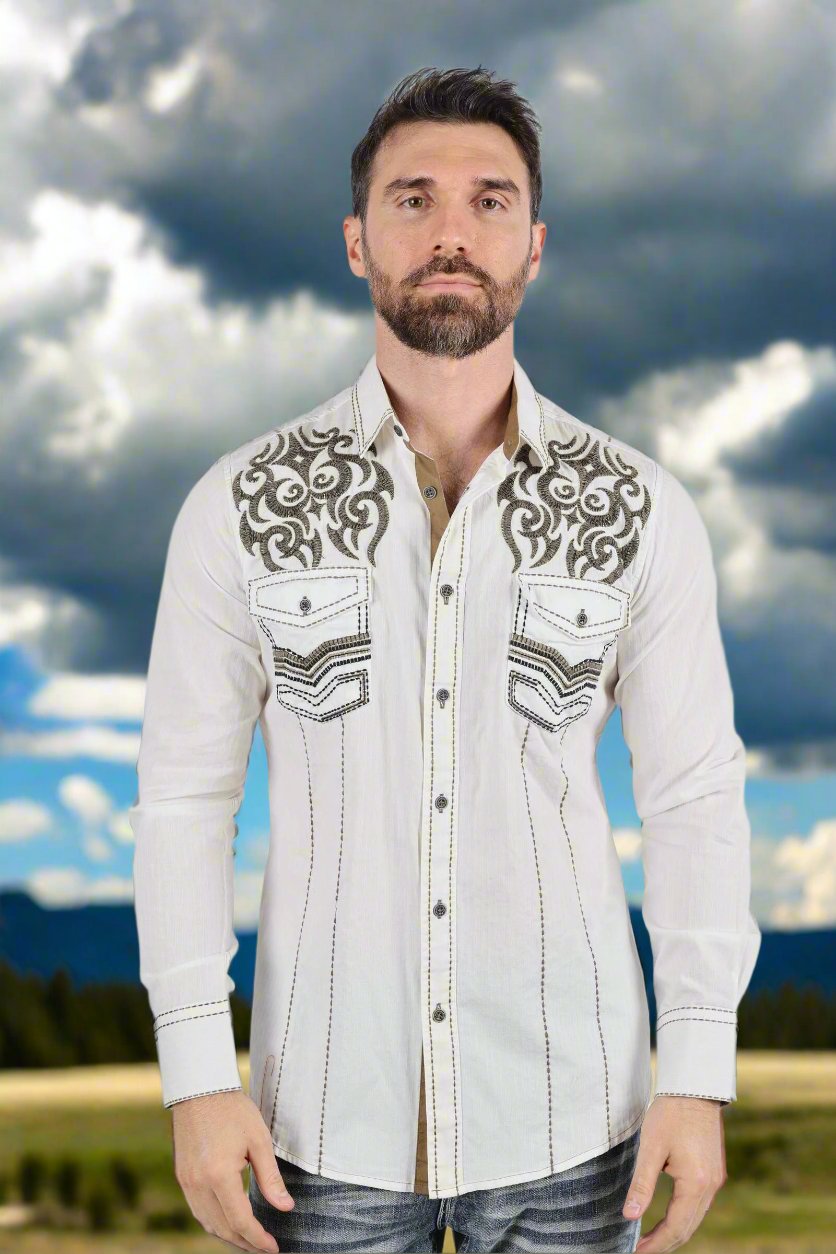 Mens Vintage Washed 2 Tone Embroidery Modern Fit Stretch Shirt