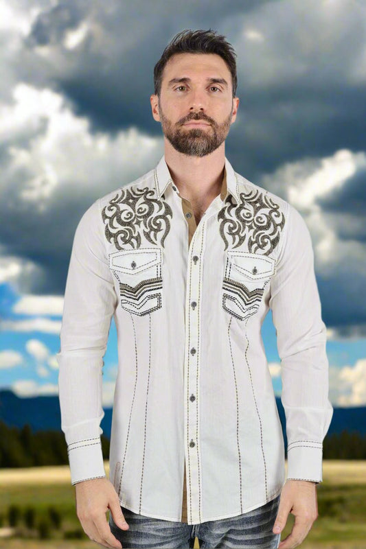 Mens Vintage Washed 2 Tone Embroidery Modern Fit Stretch Shirt