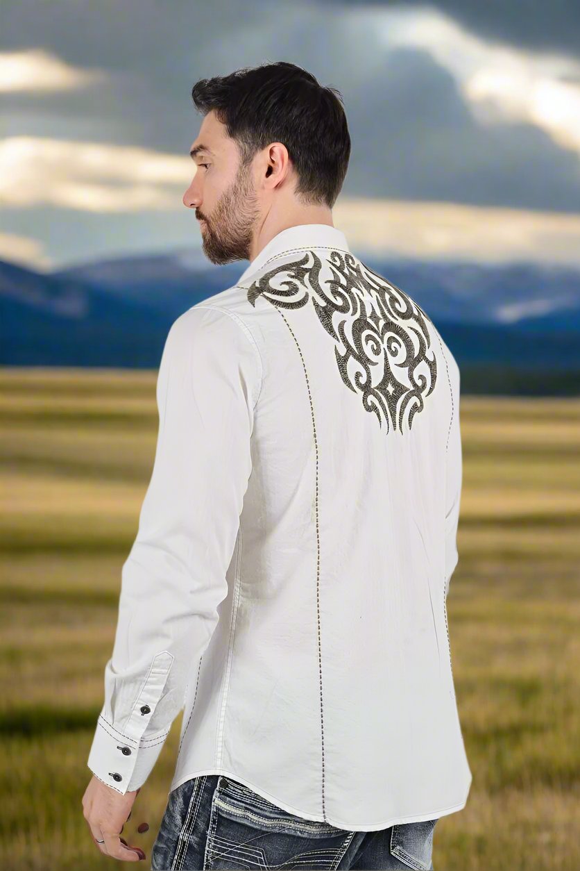 Mens Vintage Washed 2 Tone Embroidery Modern Fit Stretch Shirt