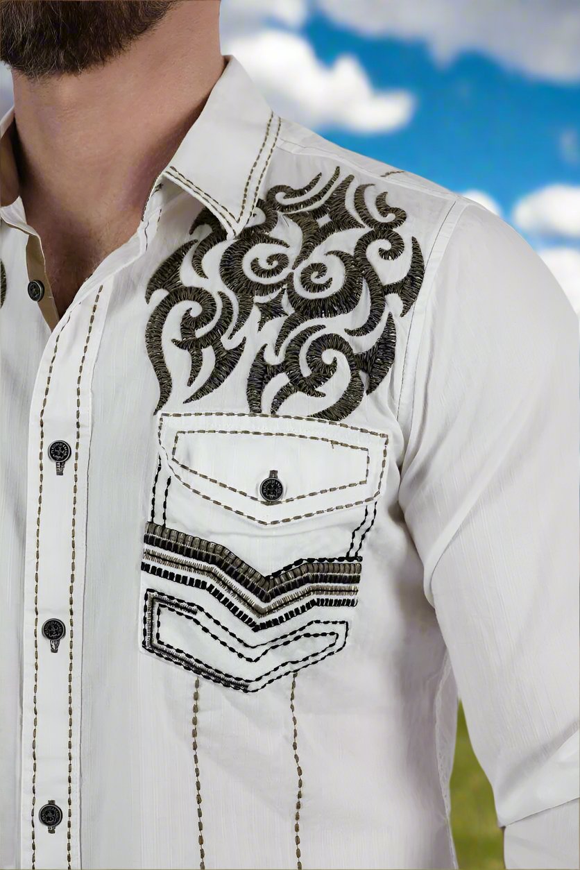 Mens Vintage Washed 2 Tone Embroidery Modern Fit Stretch Shirt