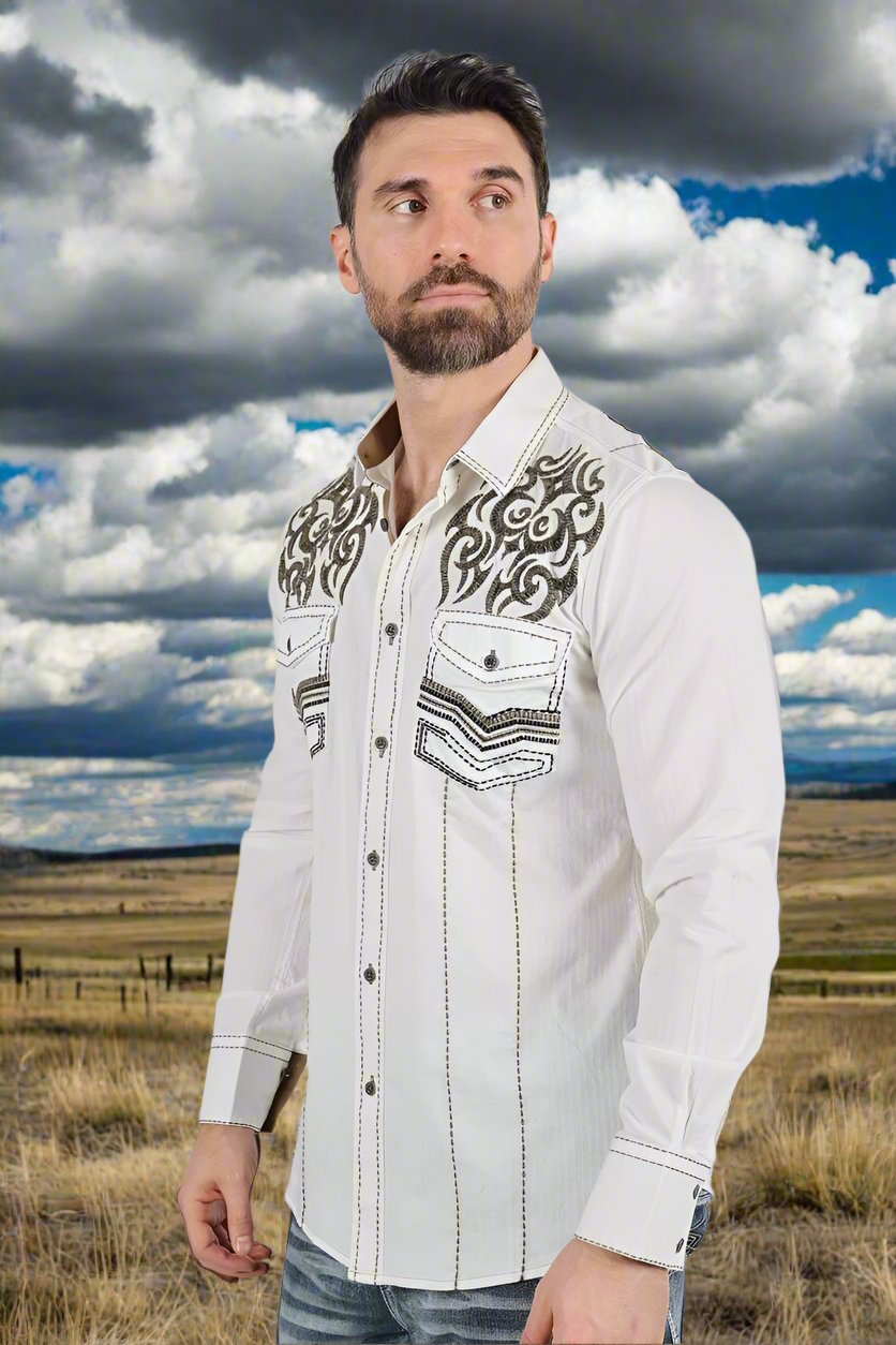 Mens Vintage Washed 2 Tone Embroidery Modern Fit Stretch Shirt