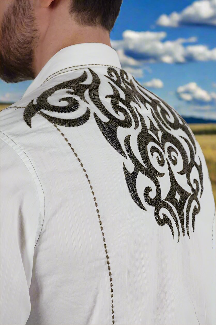 Mens Vintage Washed 2 Tone Embroidery Modern Fit Stretch Shirt