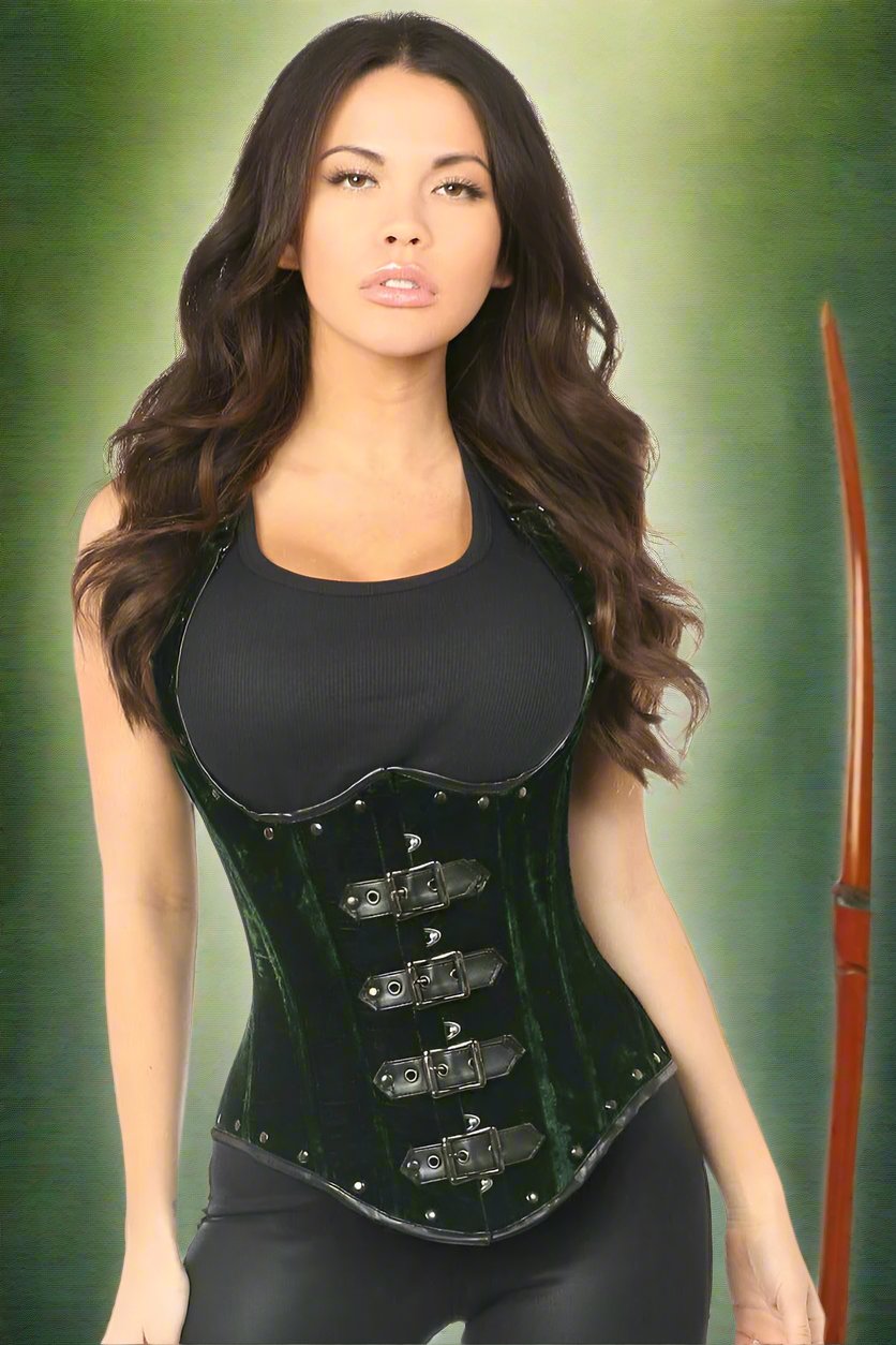 Serafina the Archer Green Velvet Under Bust Corset with Buckles