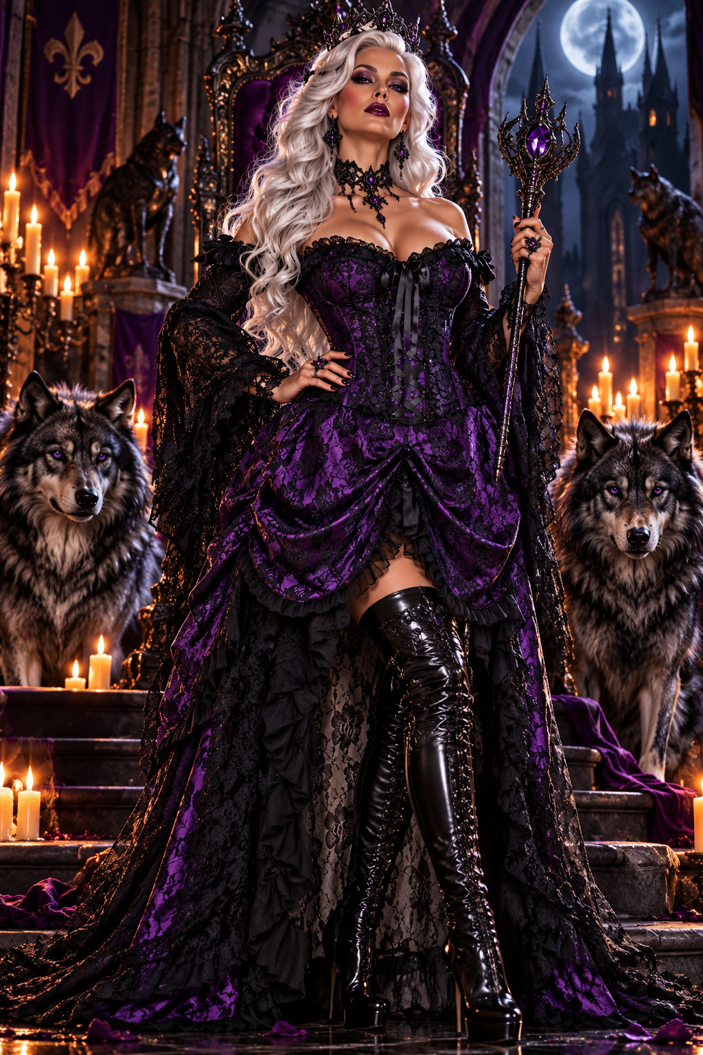 Purple with Black Lace Overlay Bustle Corset Dress