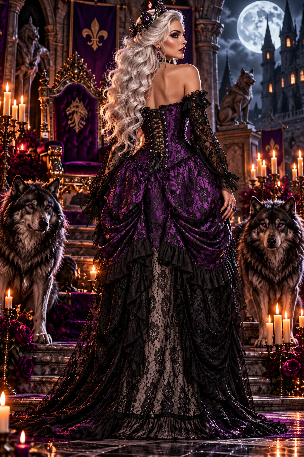 Purple with Black Lace Overlay Bustle Corset Dress