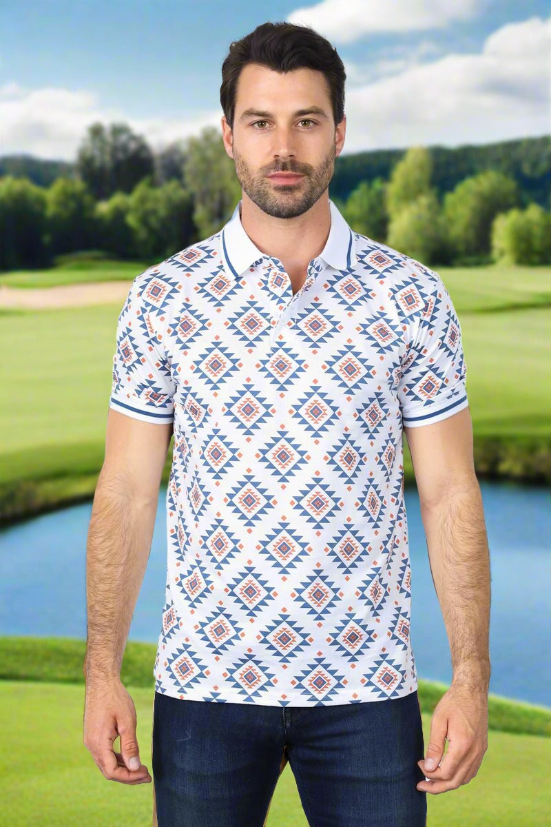 Mens Stretch Cotton Polo with Aztec Print by Platini in Size S, M, L, XL, 2XL, 3XL