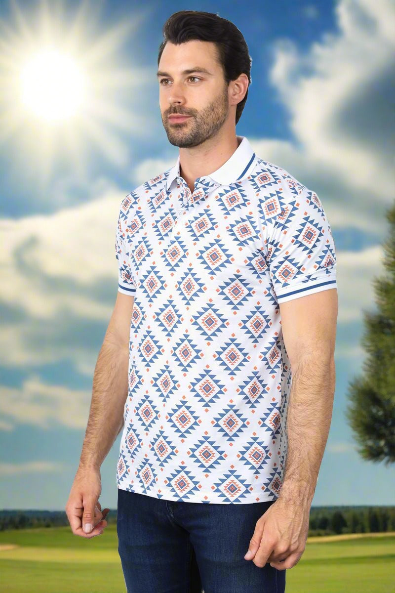 Mens Stretch Cotton Polo with Aztec Print by Platini in Size S, M, L, XL, 2XL, 3XL