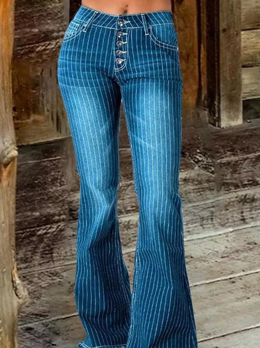 Striped Button Fly Flare Jeans Blue