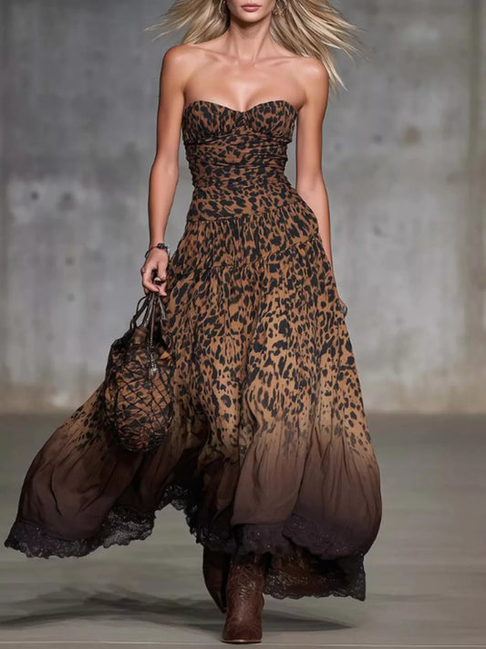 Strapless Leopard Print Maxi Dress Dark Brown