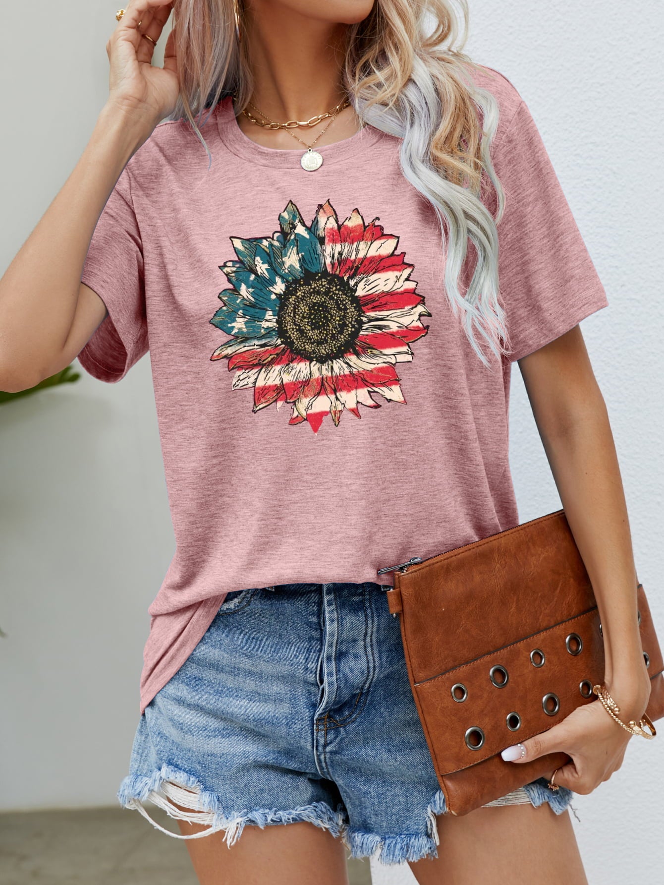 US Flag Flower Graphic Tee in Size S, M, L, XL Blush Pink