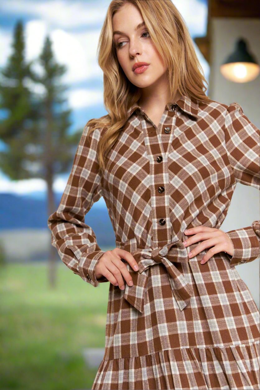 Plaid Tiered Midi Shirt Dress