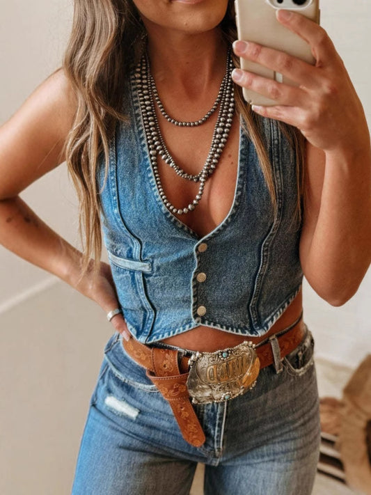 Vintage Wash Denim Vest Top Medium