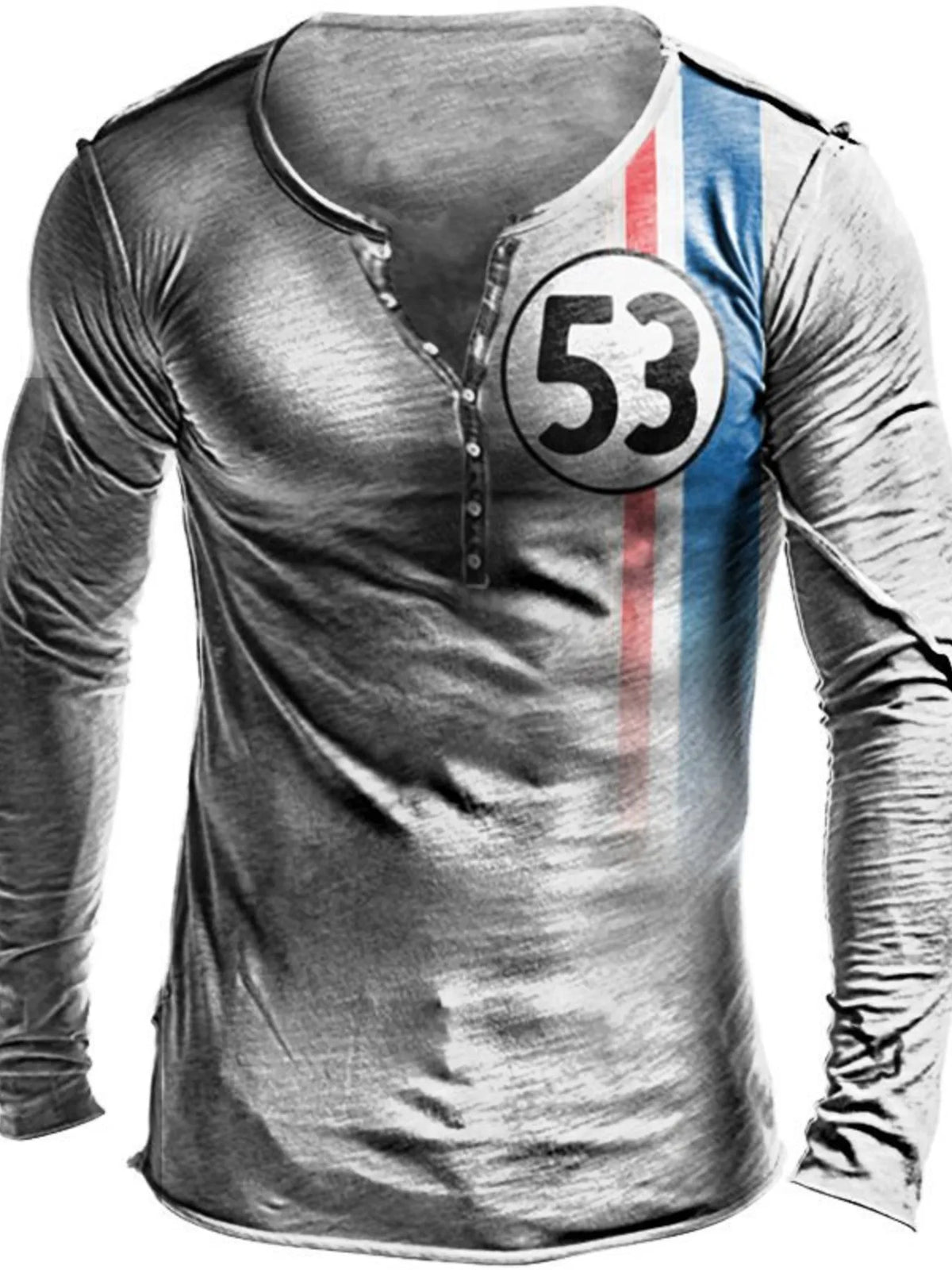 Men's Full Size Retro Long Sleeve Henley T-Shirt Plus Size Light Gray