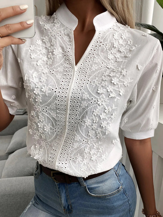Embroidered Eyelet Notched Half Sleeve Blouse White