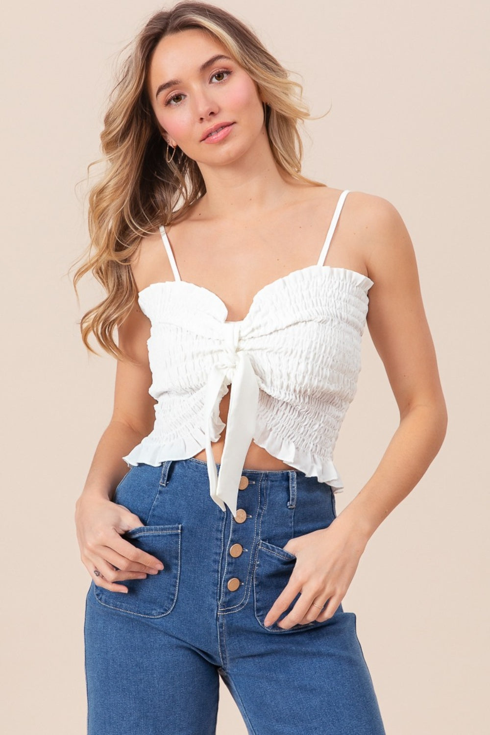 BiBi Ruffled Smocked Ribbon Cami in Size S, M, L, XL