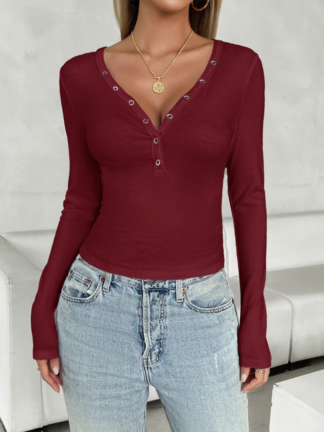 V Neck Long Sleeve Tee Shirt Burgundy