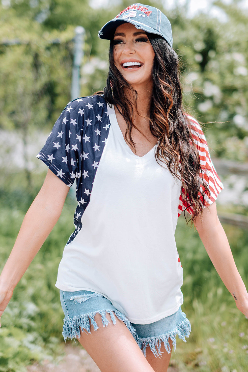 US Flag V-Neck Tee Shirt White