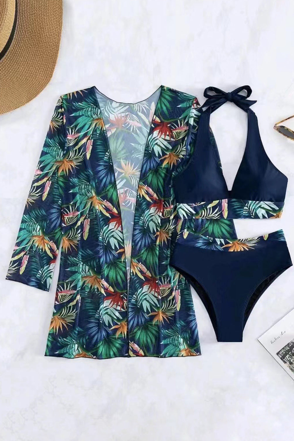 Printed Halter Neck Three-Piece Swim Set Black