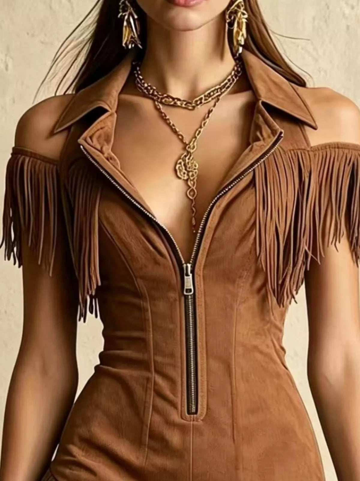 Cold Shoulder Mini Dress with Fringe Brown