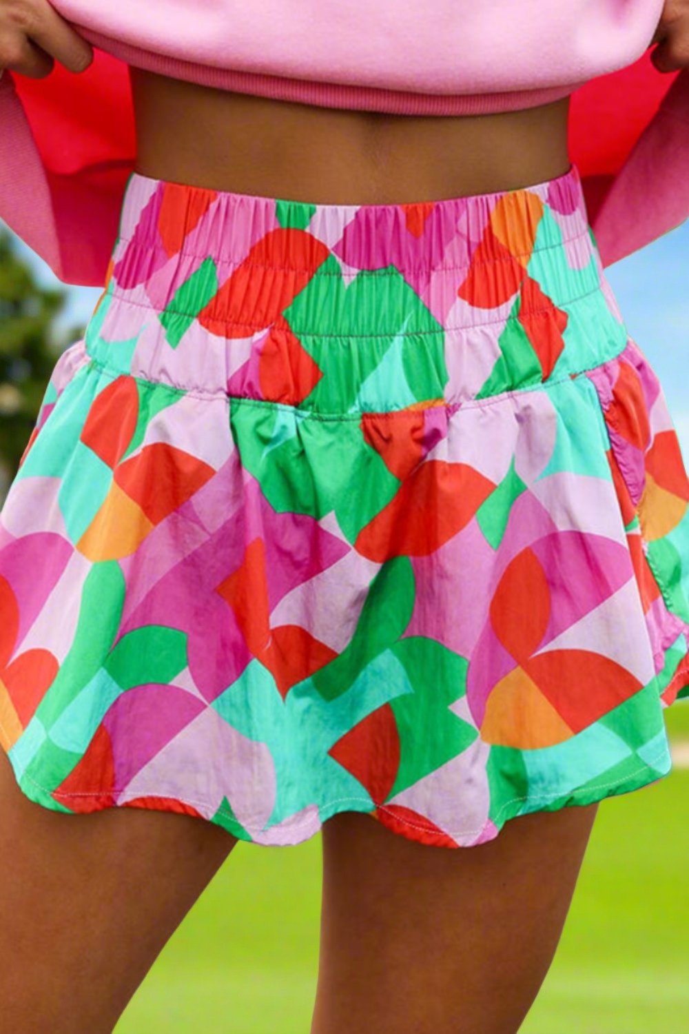 Smocked Contrast Print High Waist Skort in Size S, M, L, XL Green