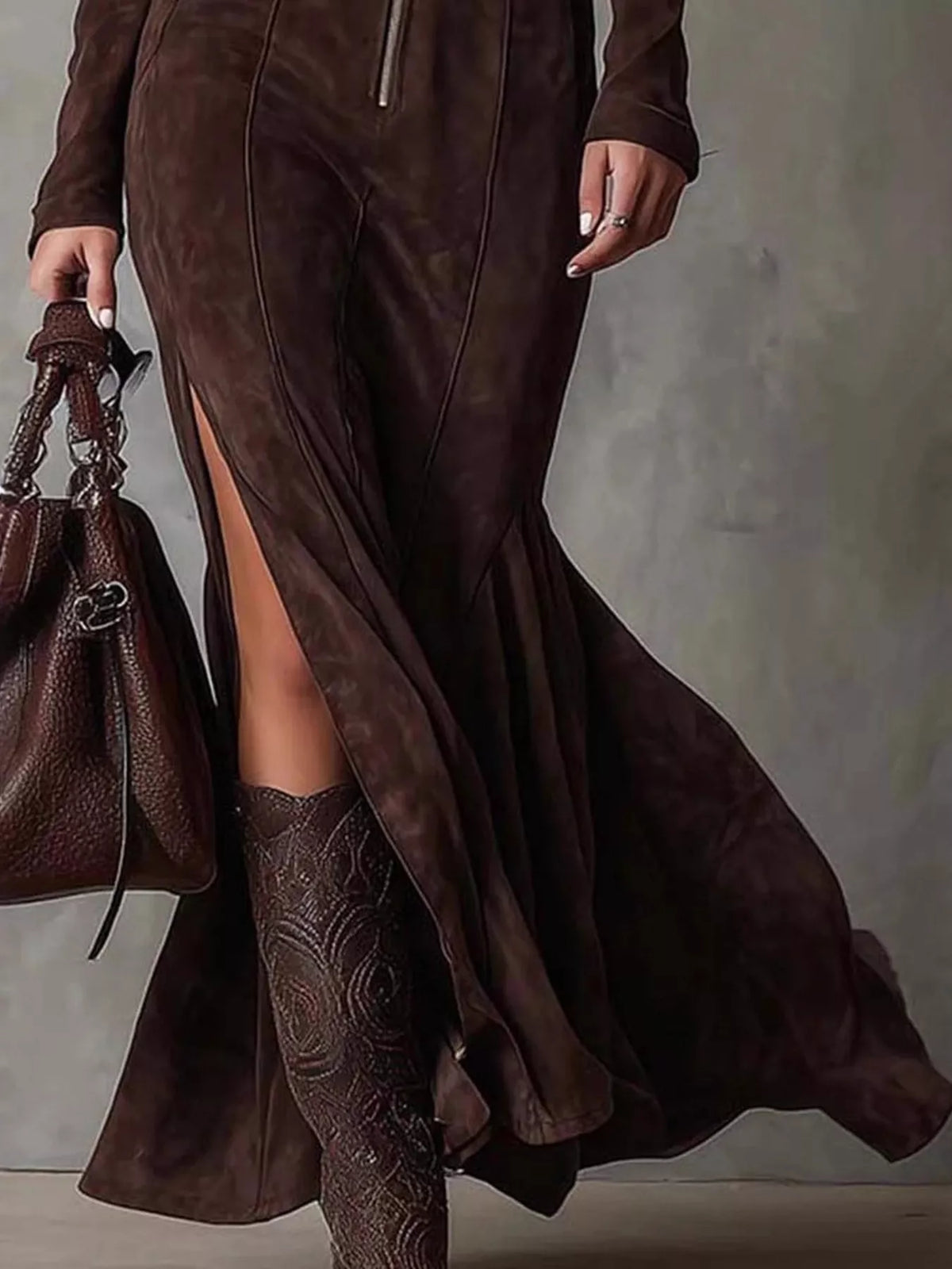 Zipper Front Long Sleeve Slit Maxi Dress
