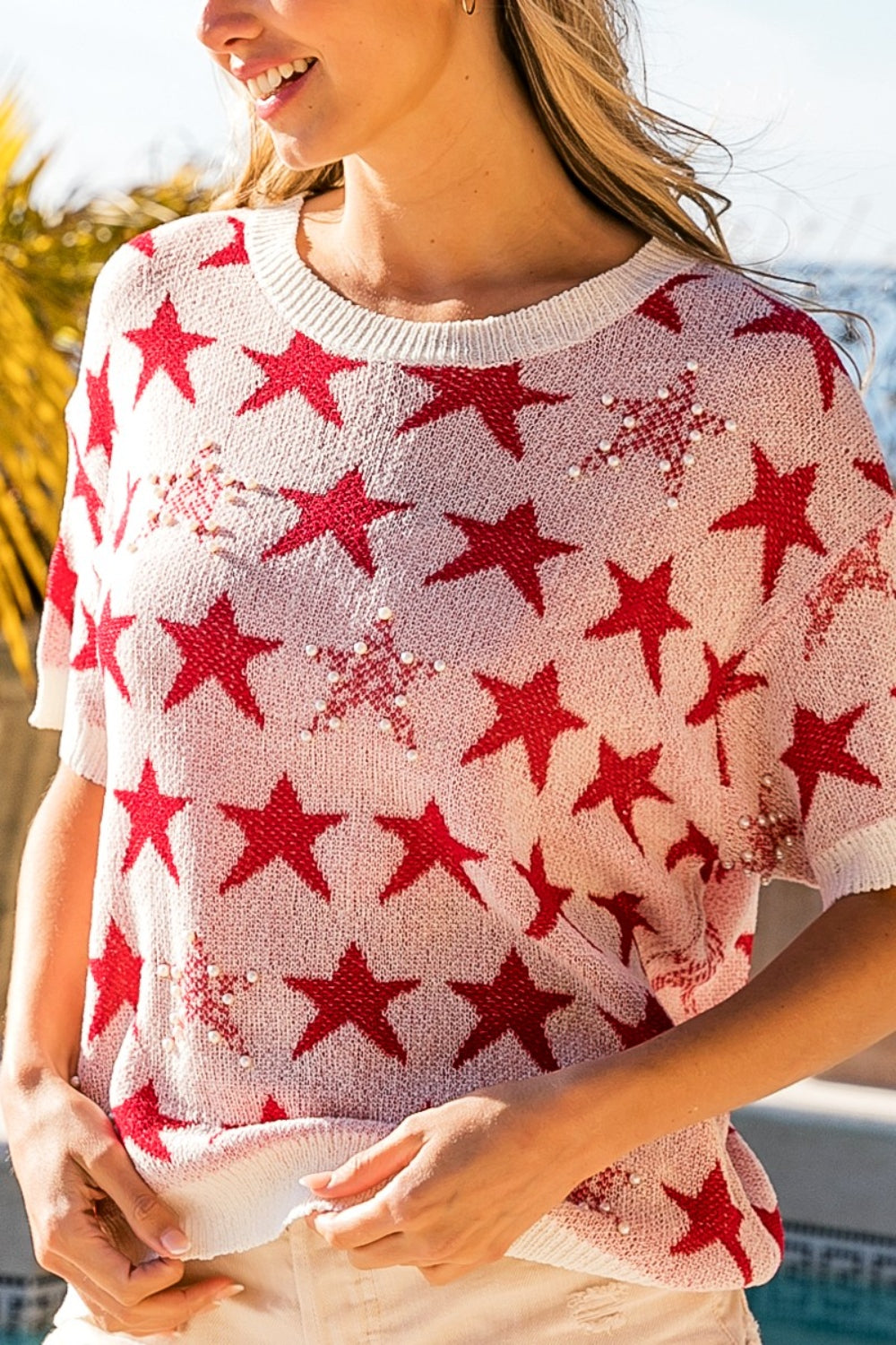 BiBi Star Pattern Round Neck Short Sleeve Knit Top in Size S, M, L, XL