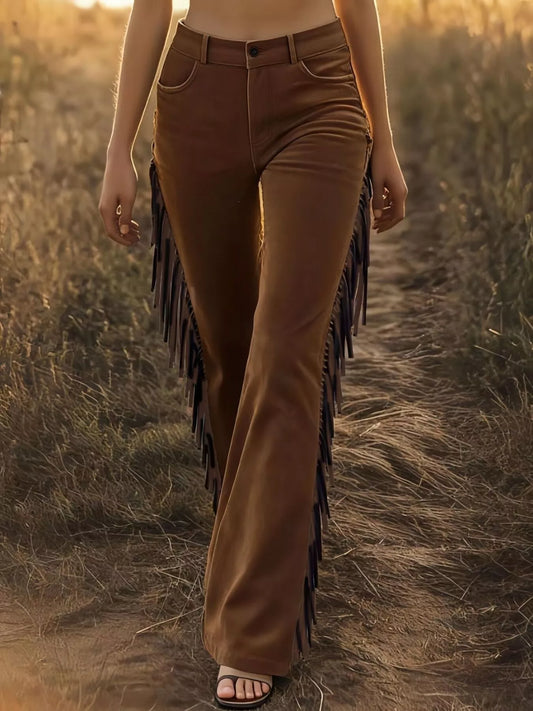 Fringed High Waist Pants Brown
