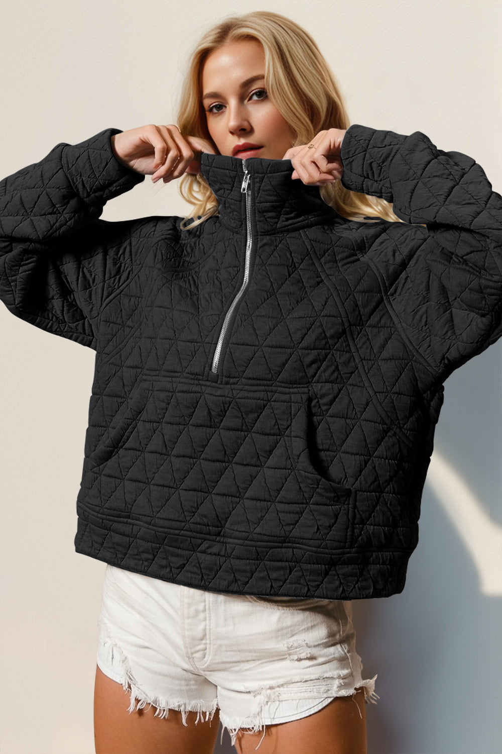 Half Zip Quilted Sweatshirt with Pockets Black