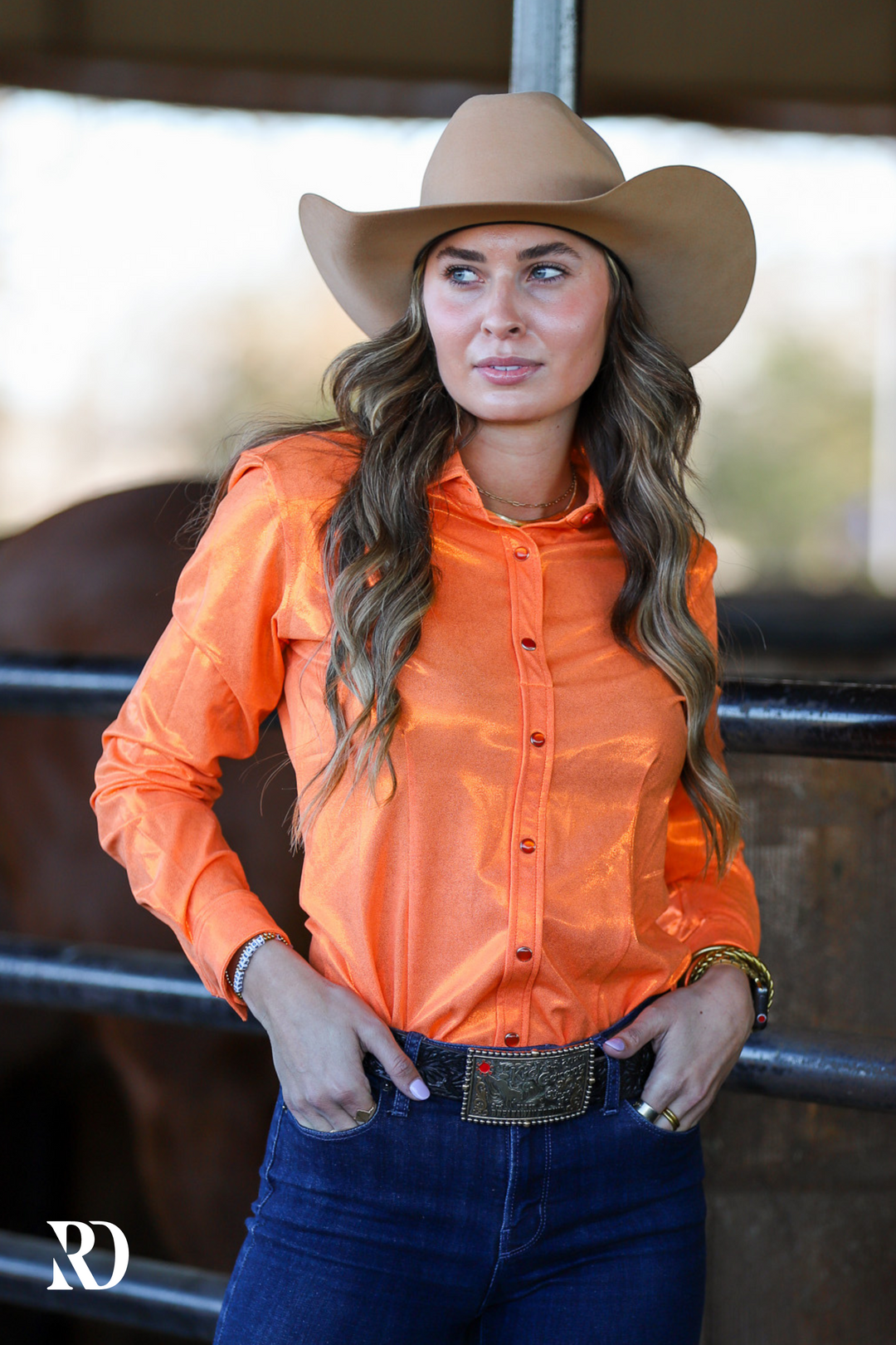 Orange Sparkle Rodeo Performance Shirt by Fallon Taylor's Ranch Dress'n in Size XS, S, M, L, XL, 2XL, 3XL