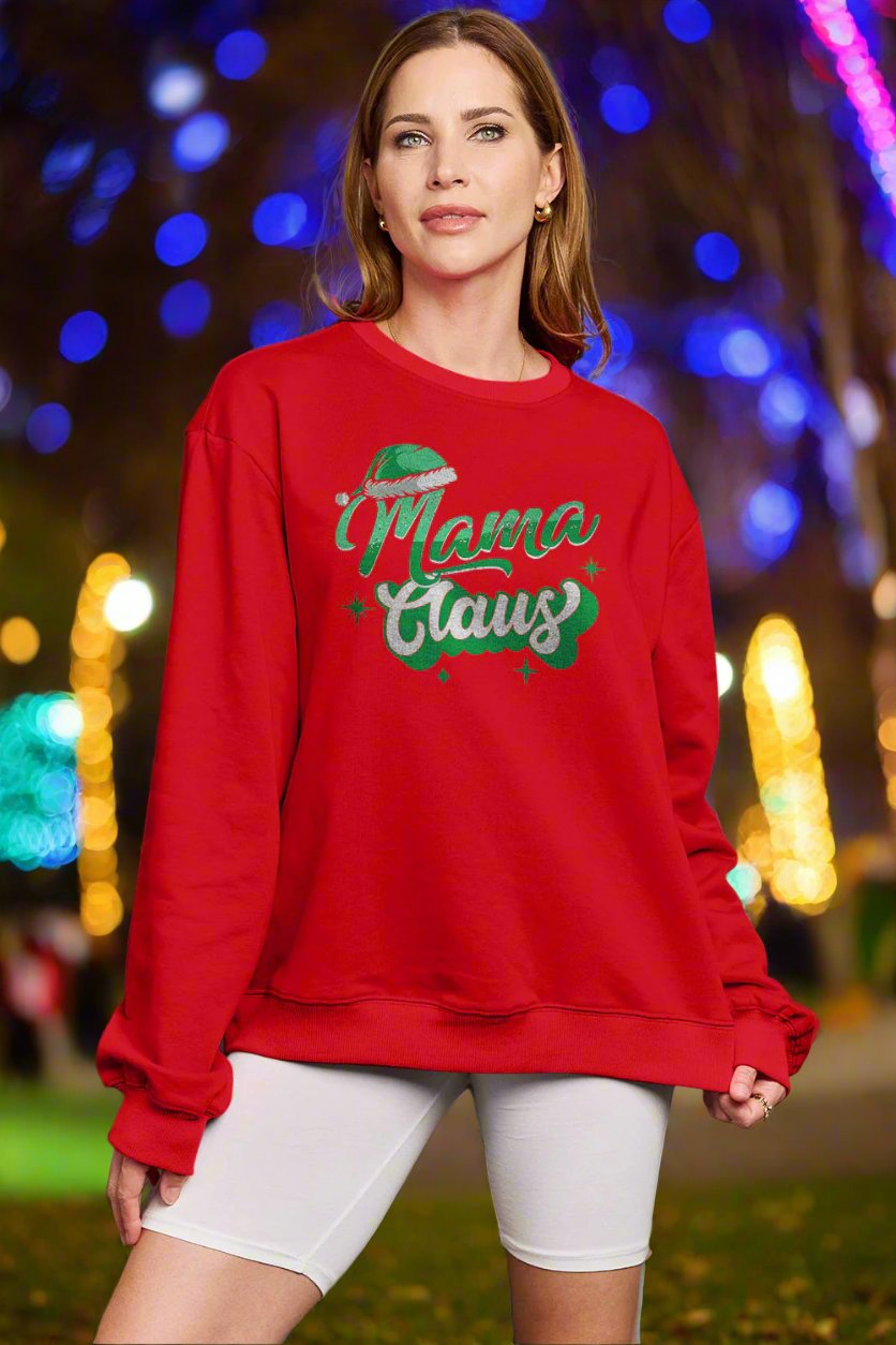 Mama Claus Round Neck Sweatshirt Deep Red