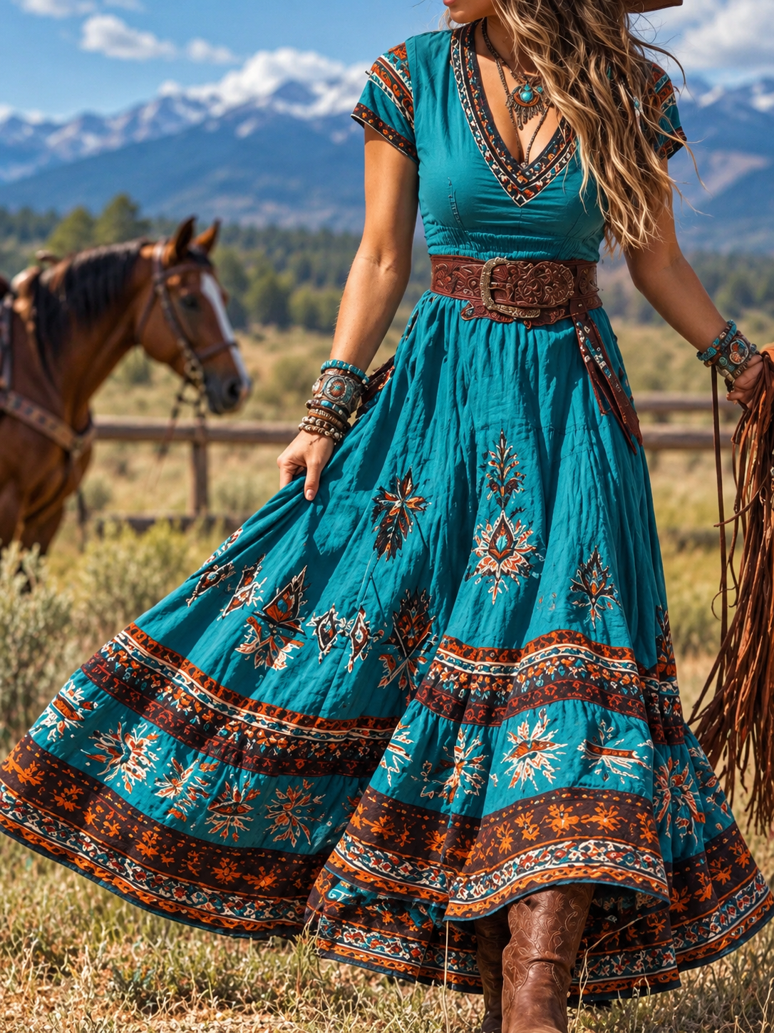 Printed V-Neck Short Sleeve Dress