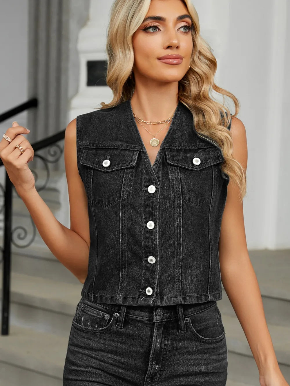 V-Neck Button Down Denim Vest Black