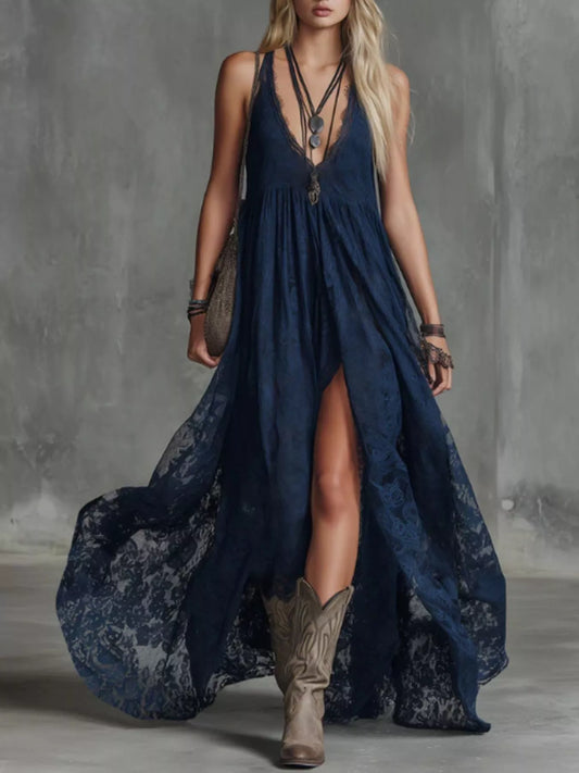 Lace Maxi Dress with High Slit Dark Blue