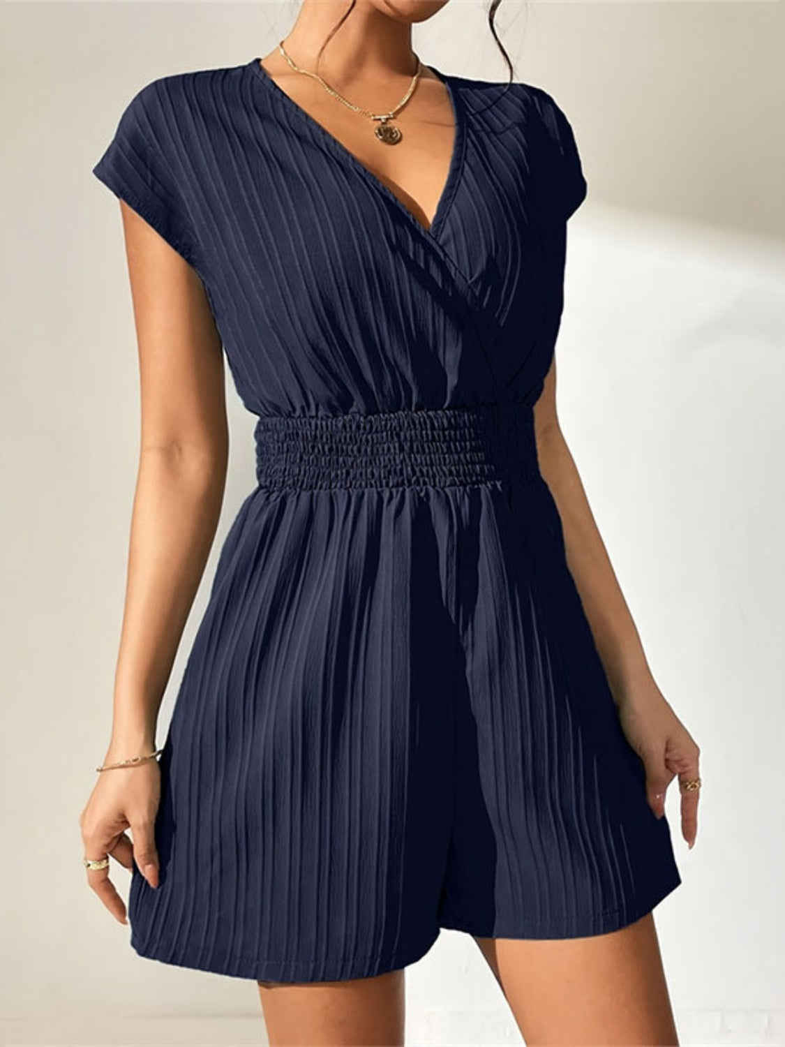 Tied Surplice Short Sleeve Romper Navy