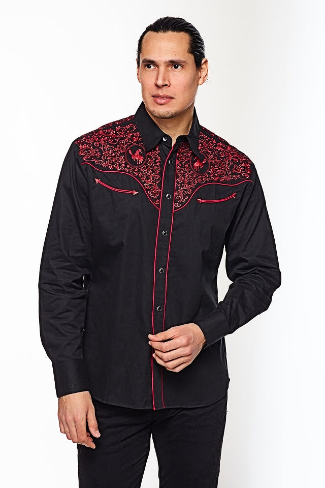 Gold Buckle Cowboy Embroidered Bareback Rider Shirt in Black by Rodeo Clothing in Size M, L, XL, or XXL